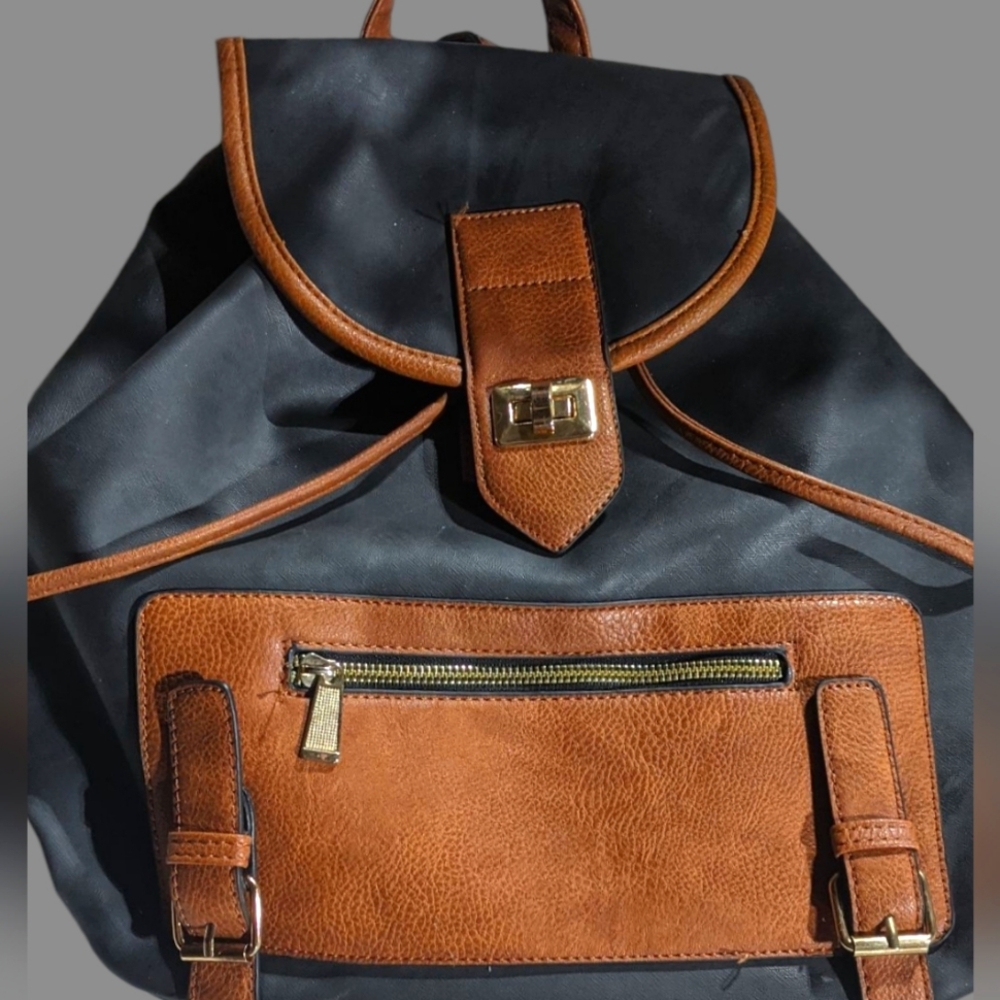 Black Backpack with Tan Leather Trim - Women's Everyday Backpack